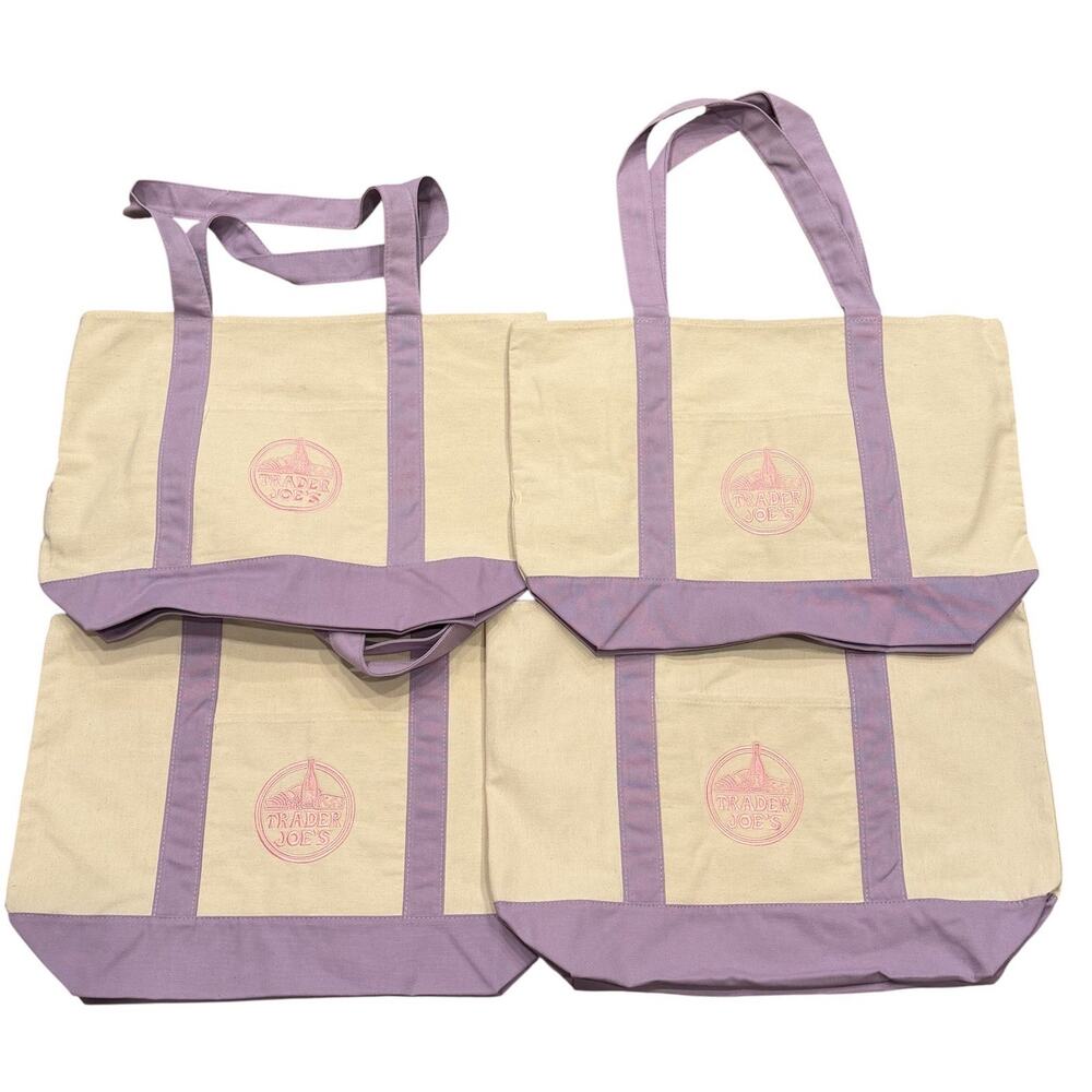 4 Large 14”x21” Trader Joe's Viral Lavender Purple Canvas Tote Bags 2026 Spring